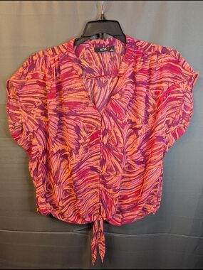 Keyhole Tie-Front Blouse in Pink & Orange Print